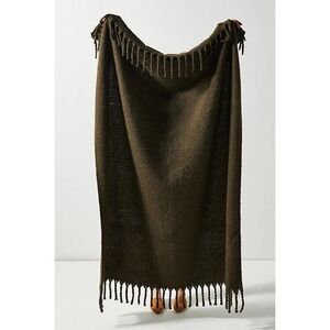 Anthropologie Speckled Confetti Knit Fringe Throw Blanket‎ Soft Home Olive Green